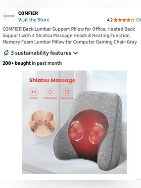 $59. Comfier Lumbar Support Pillow for Office, Car, Heated Back Support New Box